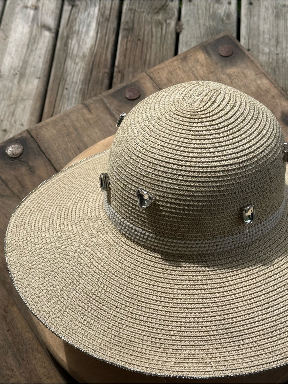 Women's Beige Wide Brim Sun Hat with Decorative Accents